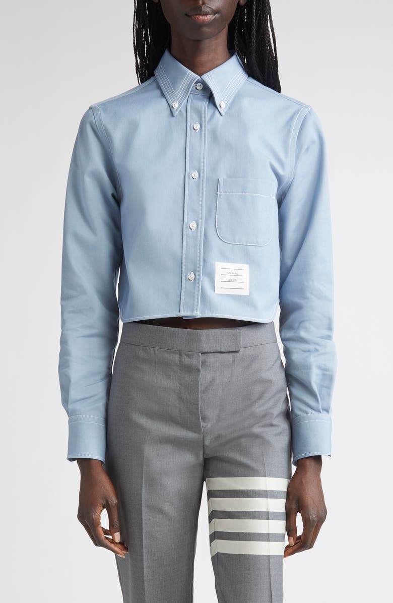 Thom Browne Classic Denim Cropped Button-Down Shirt, Main, color, Light Blue