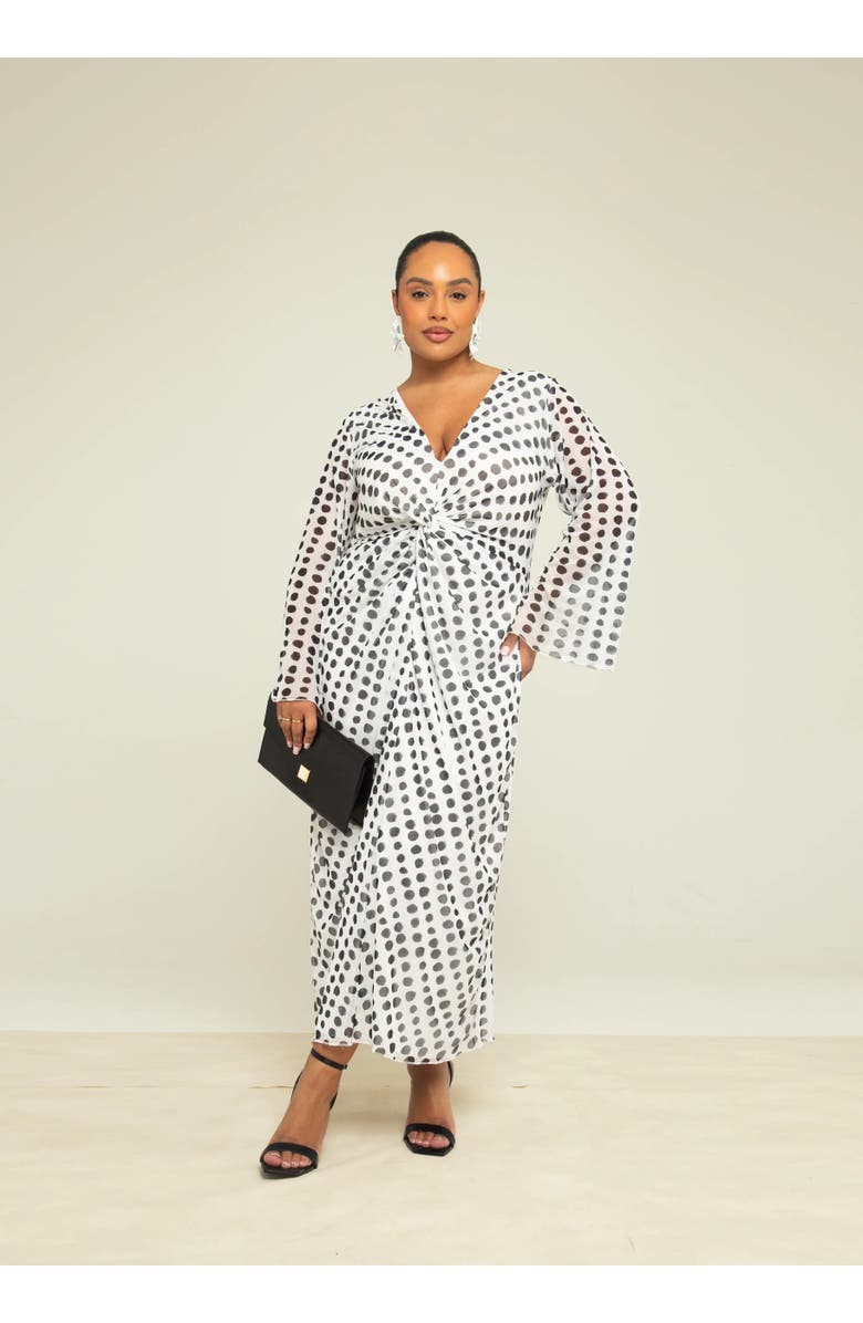 FASHION-SZN CURVE Long Sleeve V-Neck Polka Dot Midi Dress, Main, color, White