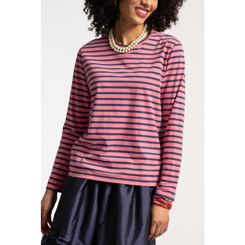 Frances Valentine Long Sleeve Striped Tee Shirt Stripe 100% Pima Cotton in Pink/navy