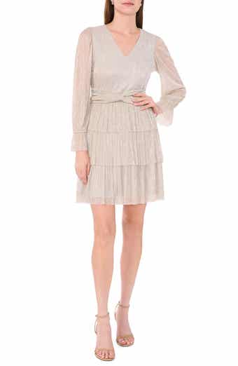 Halogen® Metallic Plissé Tiered Long Sleeve Dress
