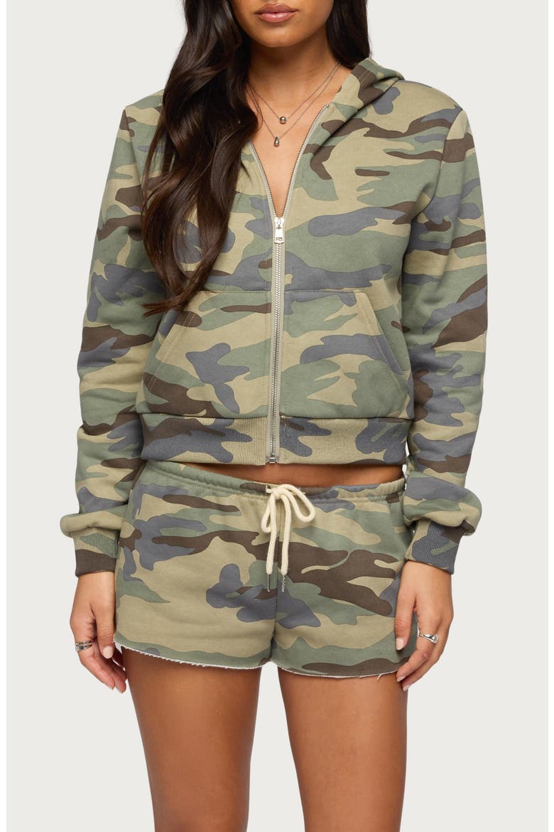 Camo Girl Front Zip Crop Hoodie, Main, color, OLIVE
