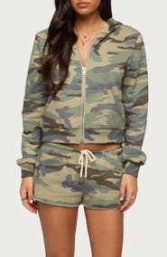 EDIKTED Camo Girl Front Zip Crop Hoodie