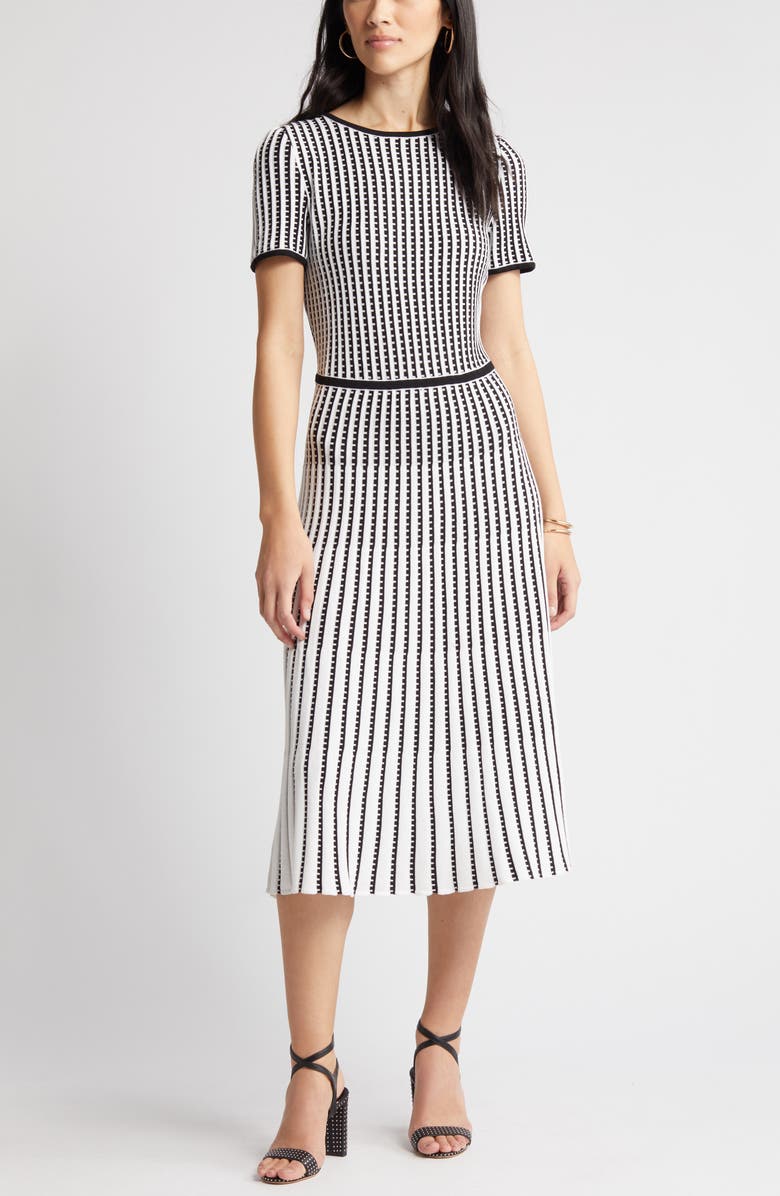 Ming Wang Grid Stripe Flare Knit Dress, Alternate, color, White/ Black