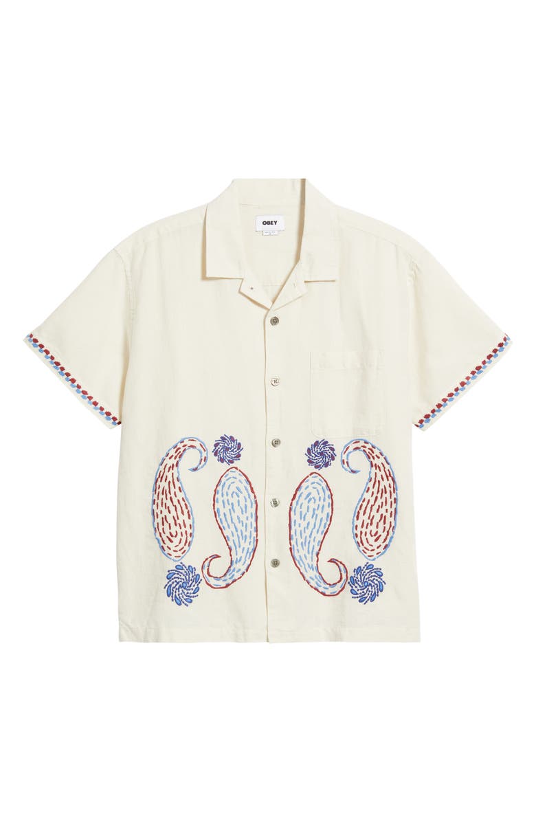 Obey Quentin Embroidered Short Sleeve Cotton & Linen Button-Up Shirt, Alternate, color, Birch Multi