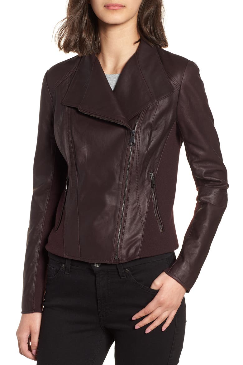 Felix Leather Moto Jacket with Knit Panels, Alternate, color, BURGUNDY