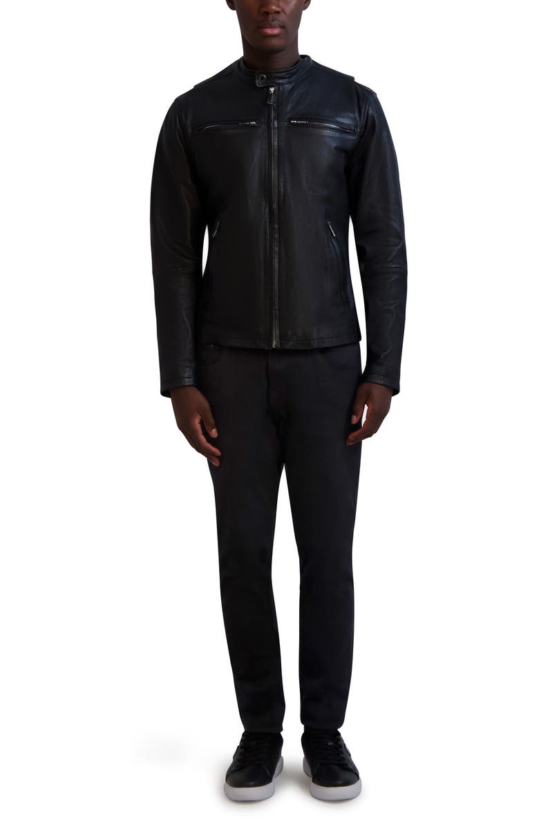 KARL LAGERFELD PARIS Leather Racer Jacket, Alternate, color, Black