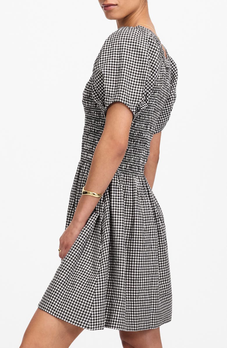 Madewell Gingham Smocked Linen Blend Mini Sundress, Alternate, color, Black White Gingham
