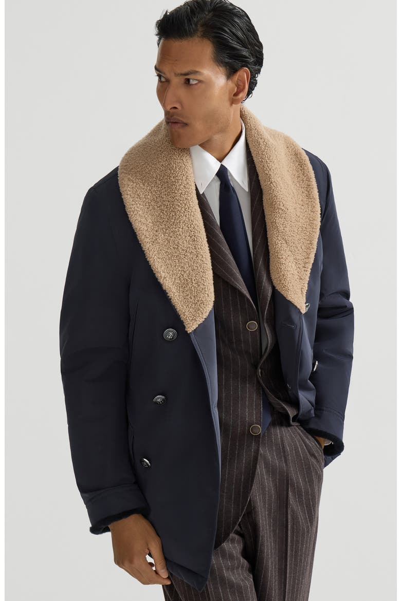 Bonded nylon double-breasted coat with shearling lining, Alternate, color, Navy Blue