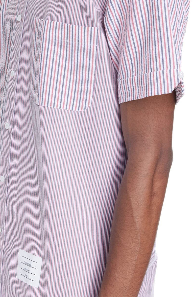 Thom Browne Straight Fit Stripe Short Sleeve Cotton Seersucker Button-Down Shirt, Alternate, color,