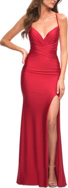 La Femme Intricate Criss-Cross Ruched Bodice Prom Dress