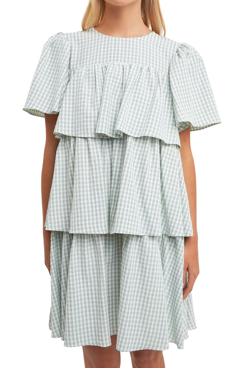 Gingham Print Tiered Dress, Alternate, color, GREEN/ WHITE