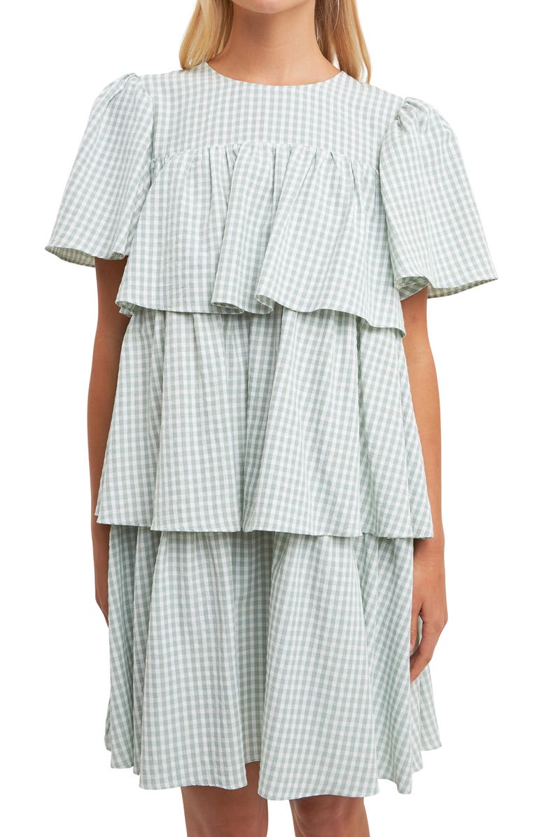 English Factory Gingham Print Tiered Dress, Alternate, color, Green/ White