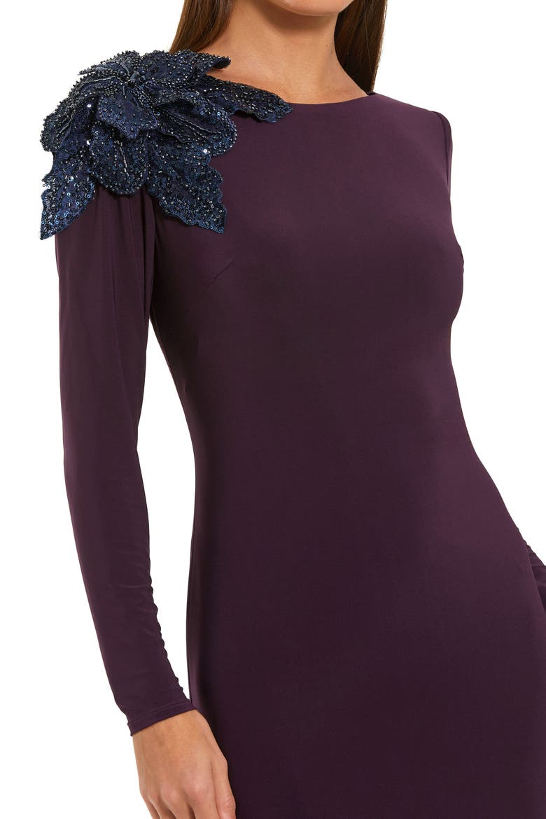 Floral Appliqué Long Sleeve Column Gown, Alternate, color, Amethyst