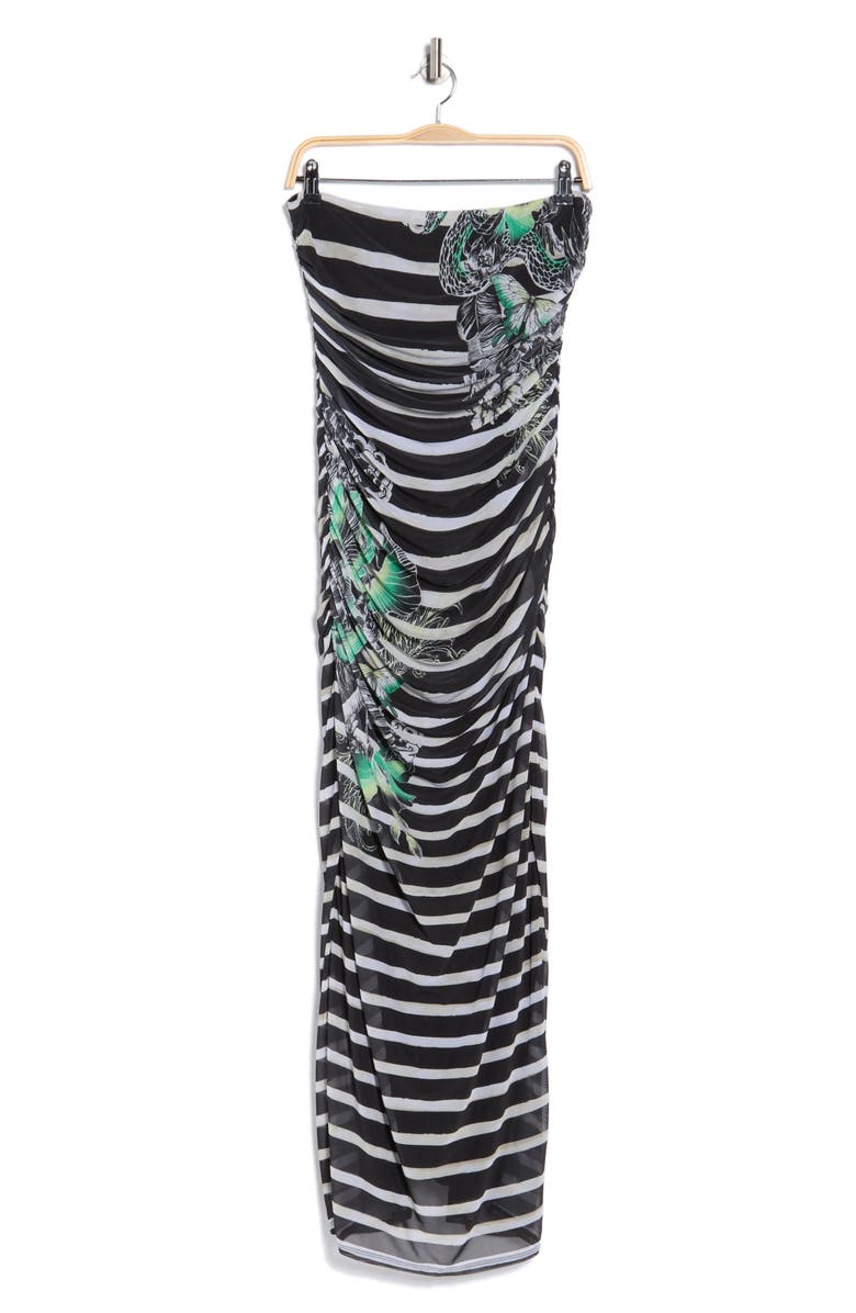 AFRM Ira Strapless Ruched Mesh Maxi Dress, Alternate, color, Tattoo Stripe