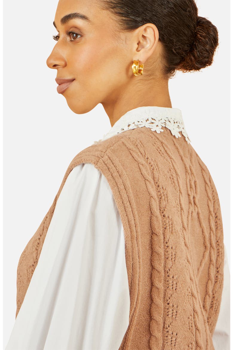 Floral Cable Knit Side Tie Pullover, Alternate, color, Camel