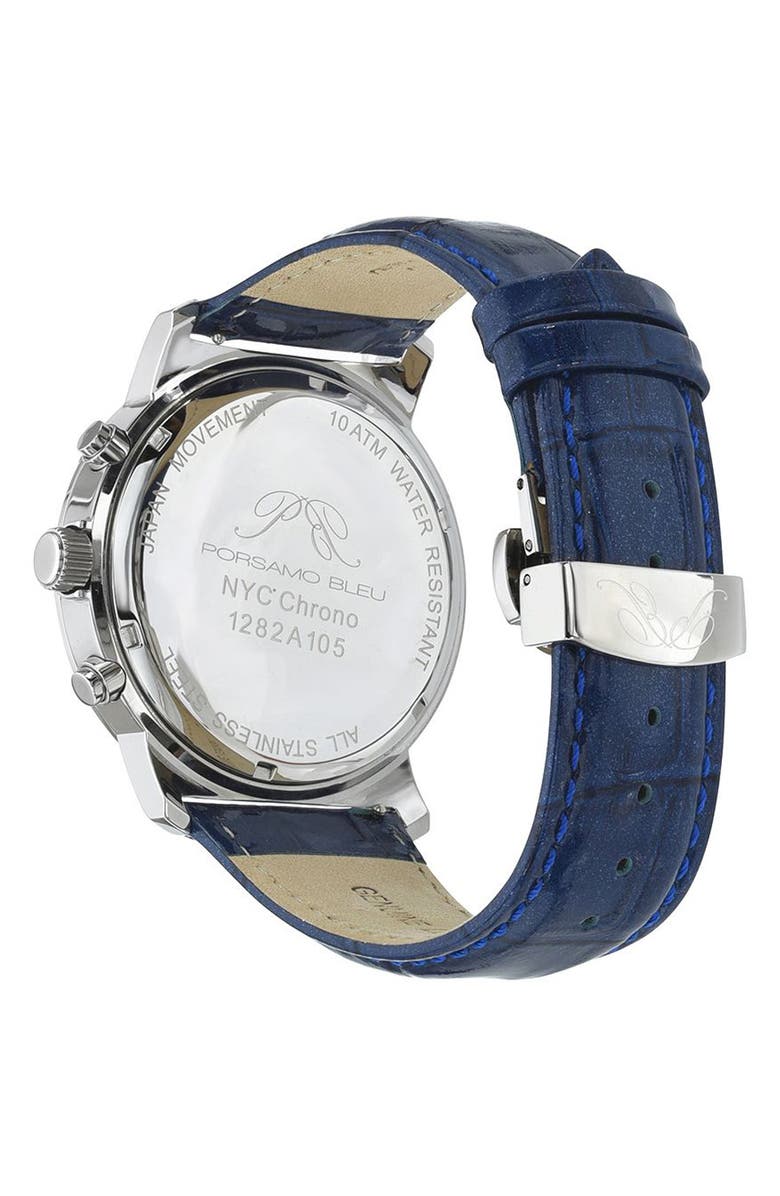 PORSAMO BLEU NYC Chronograph Croc Embossed Leather Strap Watch, 47mm, Alternate, color, Blue