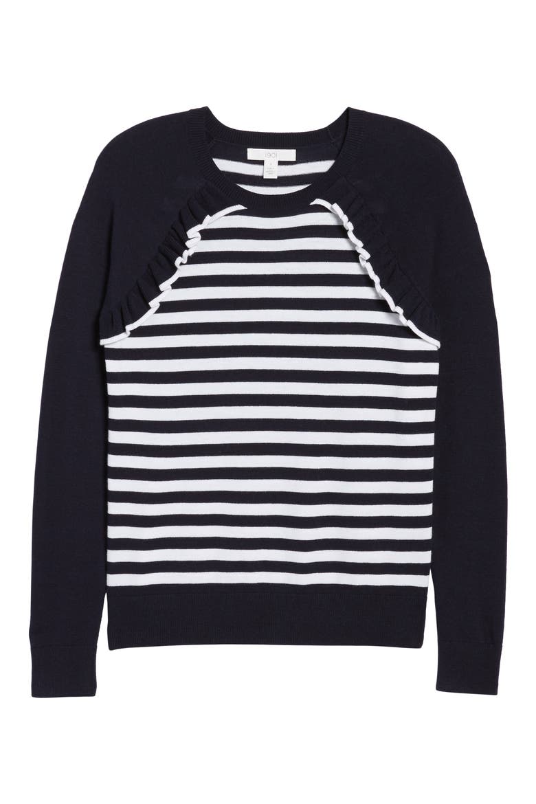 Ruffle Trim Stripe Sweater, Alternate, color, NAVY- WHITE STRIPE