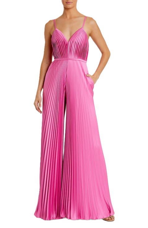 Pleated Plunge Neck Wide Leg Jumpsuit