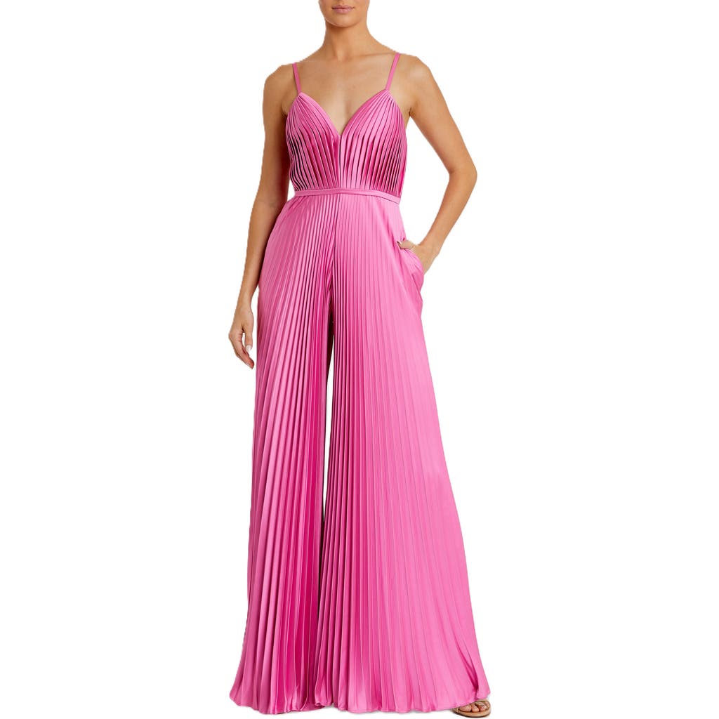 Mac Duggal Pleated Plunge Neck Wide Leg Jumpsuit In Pink