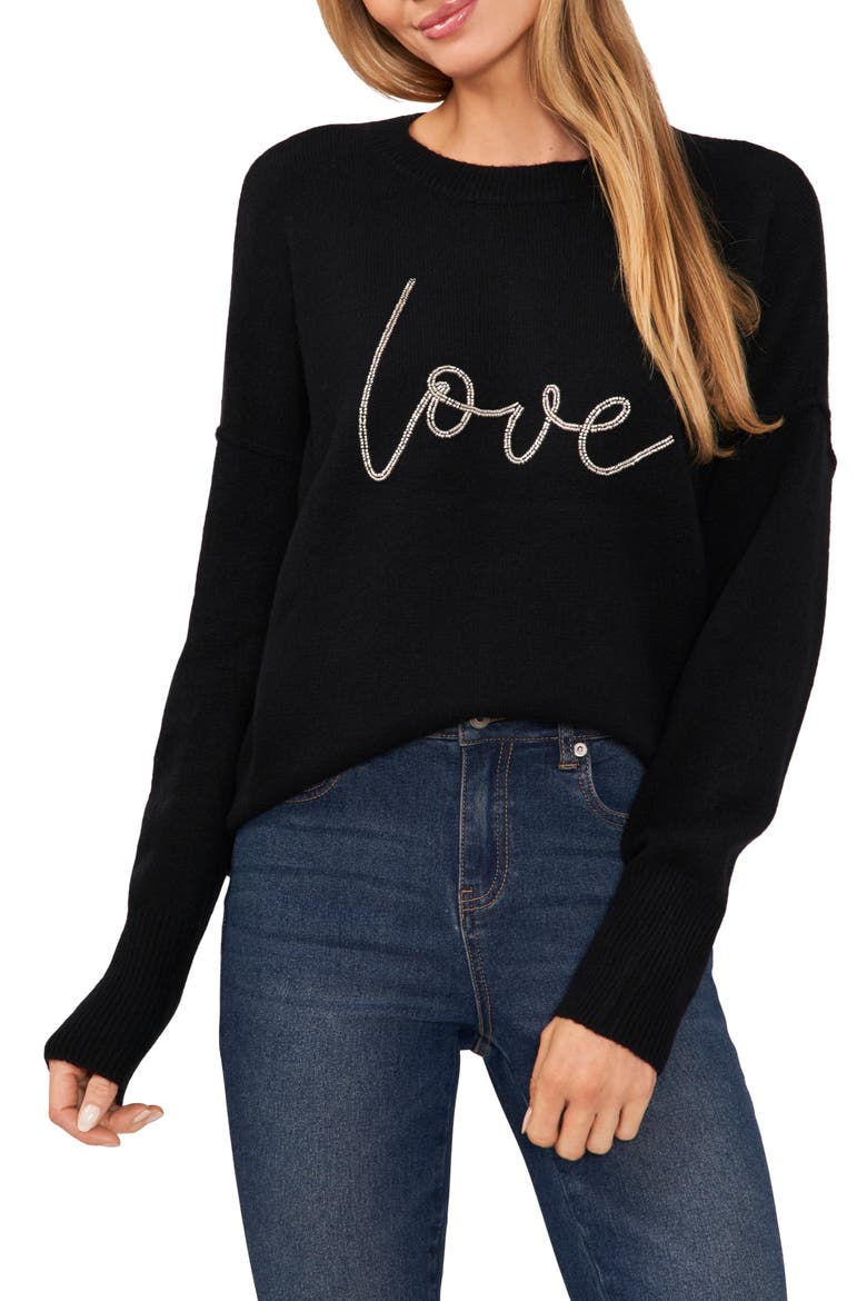 Love Beaded Crewneck Sweater, Main, color, RICH BLACK