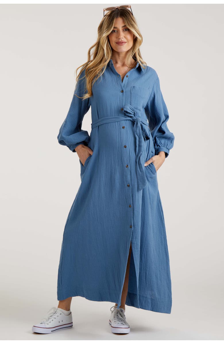 PinkBlush Gauze Belted Shirt Midi Dress, Main, color, Blue