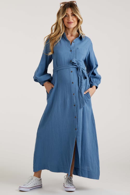 Pinkblush Gauze Belted Shirt Midi Dress In Blue