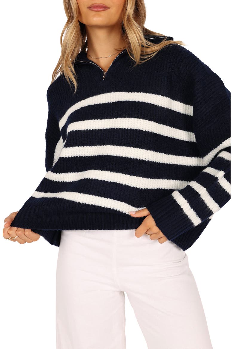 Miranda Stripe Quarter Zip Sweater, Alternate, color, NAVY