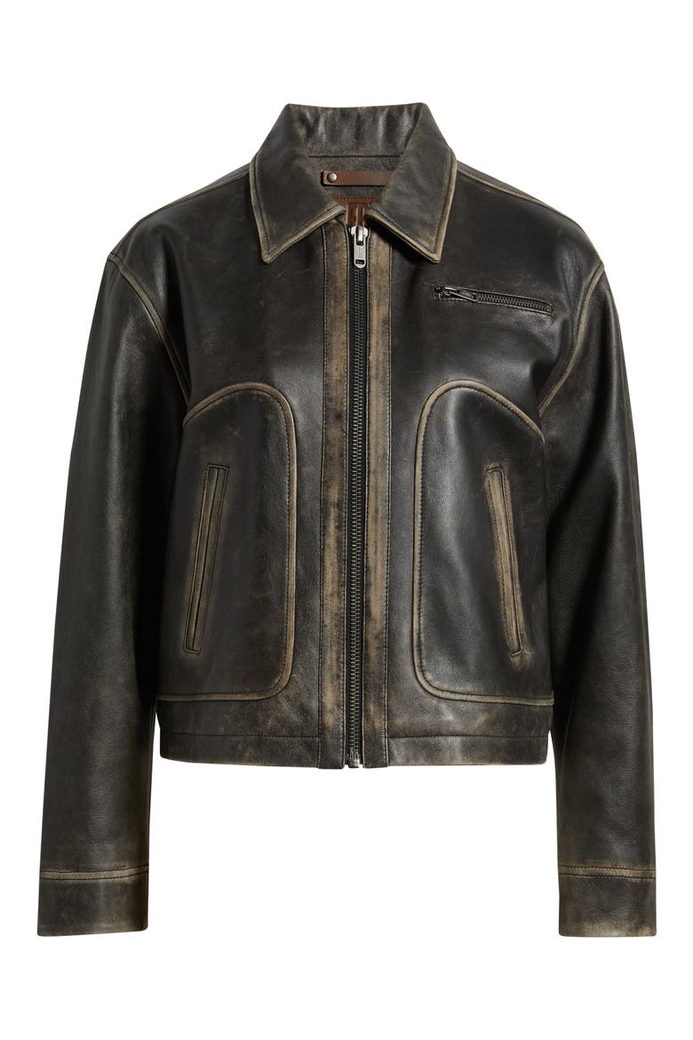 Distressed Leather Bomber Jacket, Alternate, color, BLACK