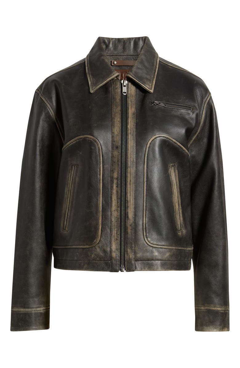 Frye Distressed Leather Bomber Jacket, Alternate, color, Black