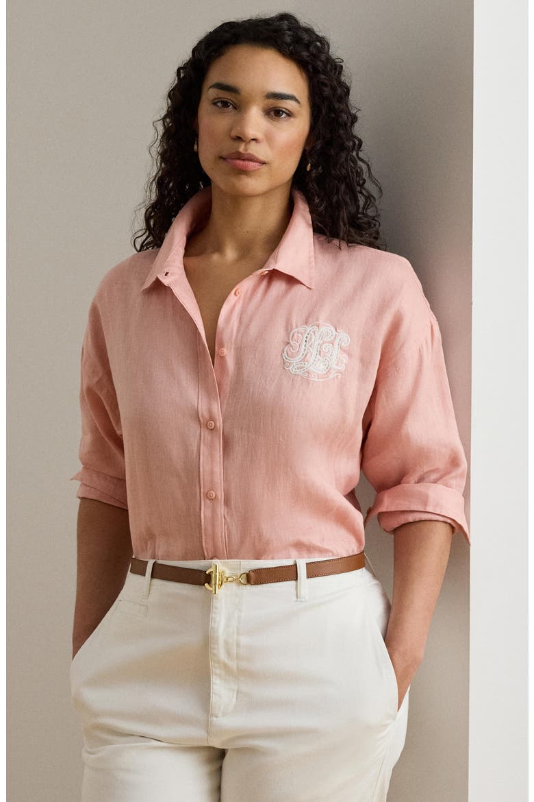 Relaxed Fit Eyelet Logo Embroidered Linen Button-Up Shirt, Alternate, color, PINK RHODONITE