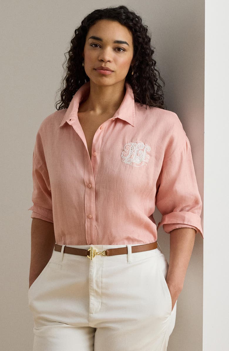 Lauren Ralph Lauren Relaxed Fit Eyelet Logo Embroidered Linen Button-Up Shirt, Alternate, color, Pink Rhodonite