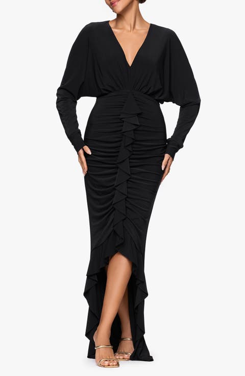 Plunge Neck Long Sleeve Ruched High-Low Gown