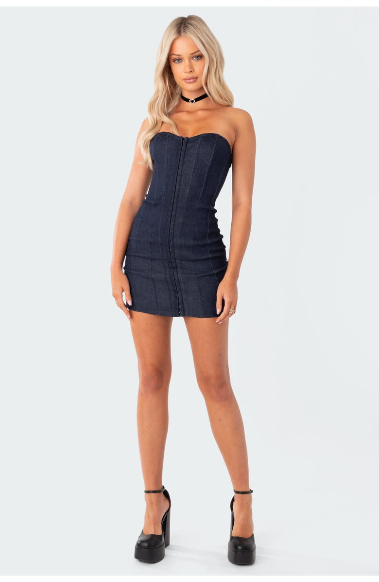 EDIKTED Sweetheart Neck Lace-Up Denim Corset Minidress, Alternate, color, 