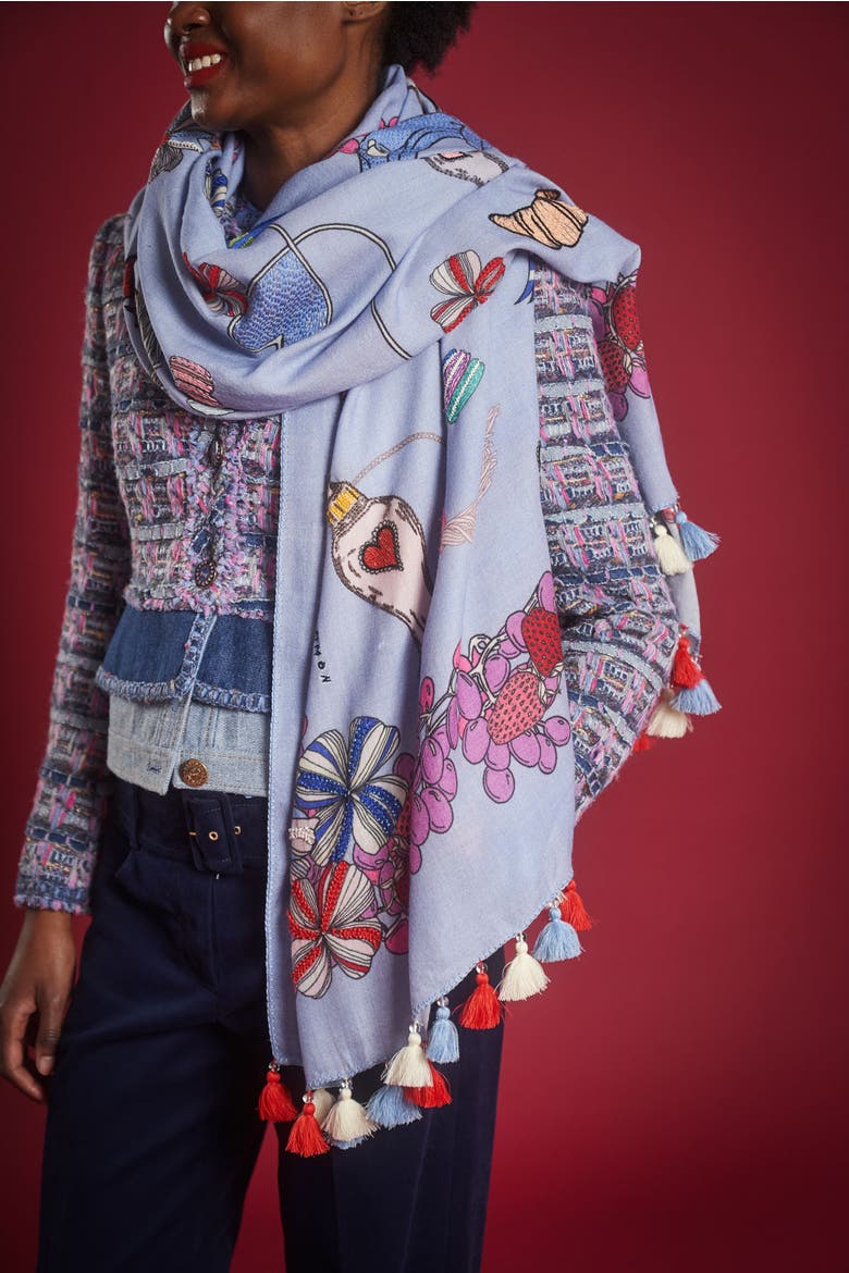 Embroidered Scarf with 'Vive la France' motifs, Alternate, color, Bleu/Multicolour
