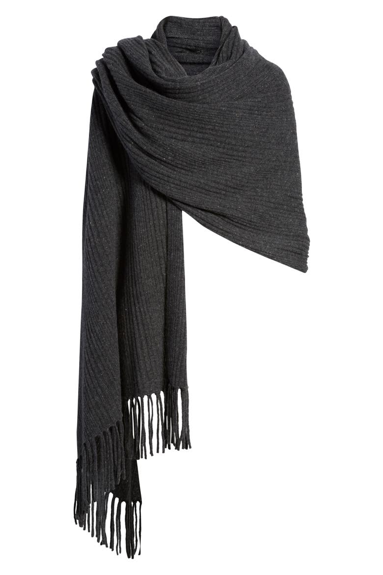 Rib Cashmere Fringe Wrap, Alternate, color, GREY CHARCOAL DONEGAL