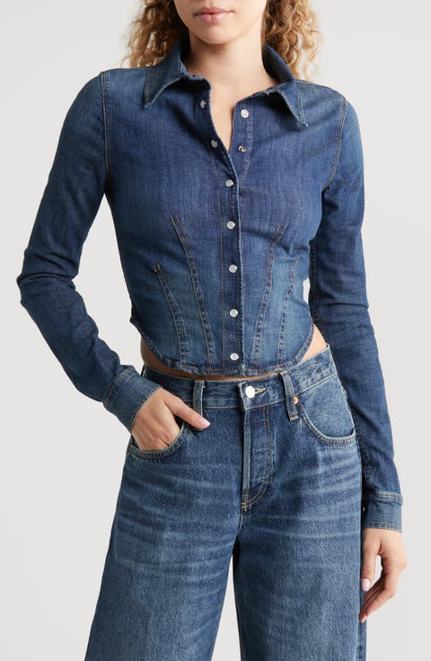 Long Sleeve Crop Denim Shirt