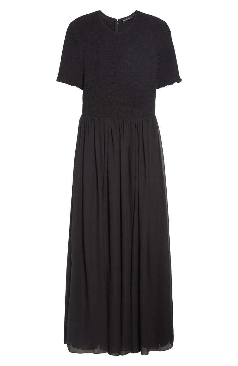 Giorgio Armani Black Techno Smocked Bodice Georgette Maxi Dress, Main, color, Solid Black