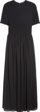 Emporio Armani Black Techno Smocked Bodice Georgette Maxi Dress