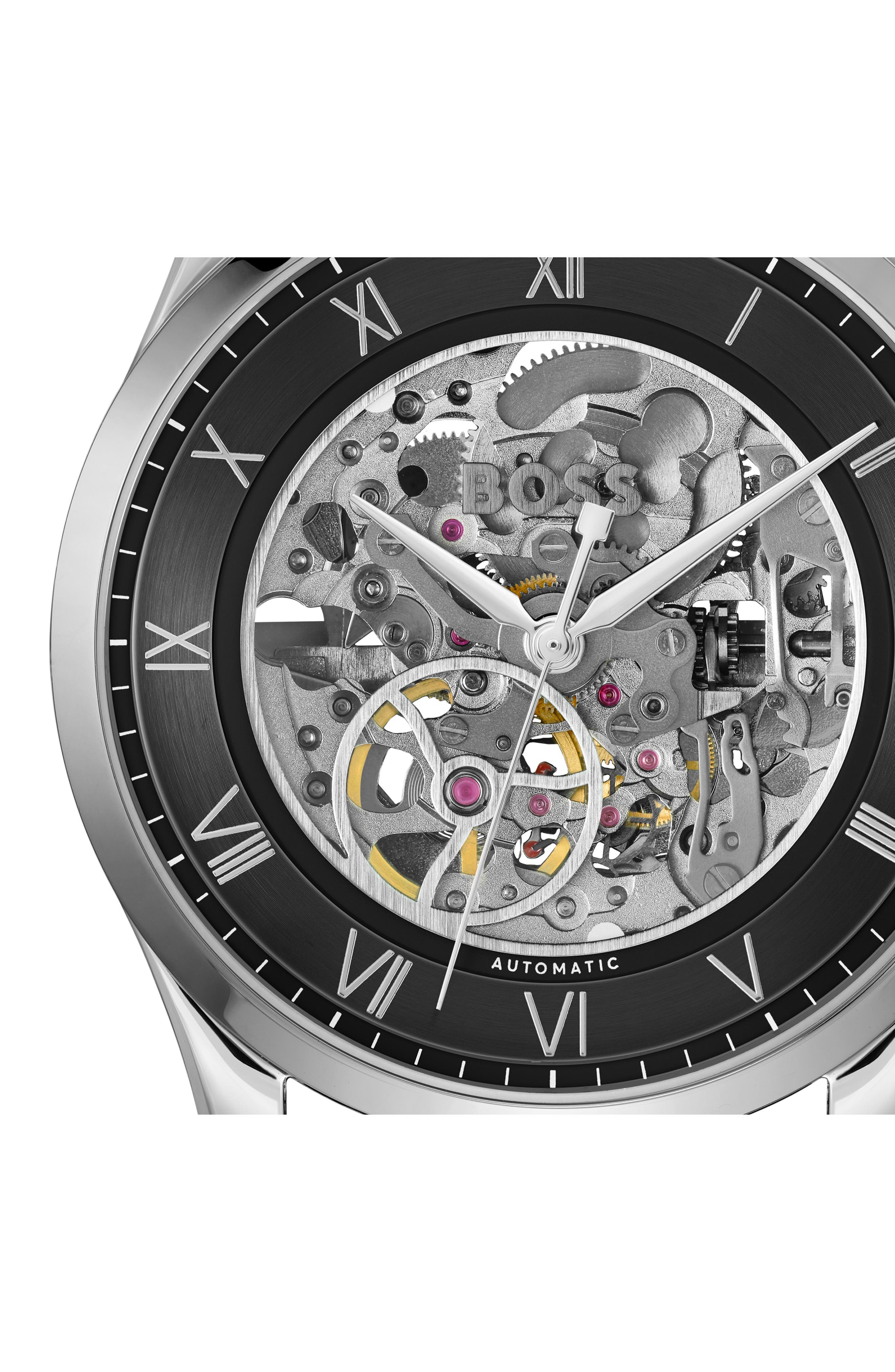 Rousseau Mens Watch 41mm Silver Skeleton Dial Automatic Black Leather Strap Luxury watch strap - black matte genuine alligator - Maison  main image 4