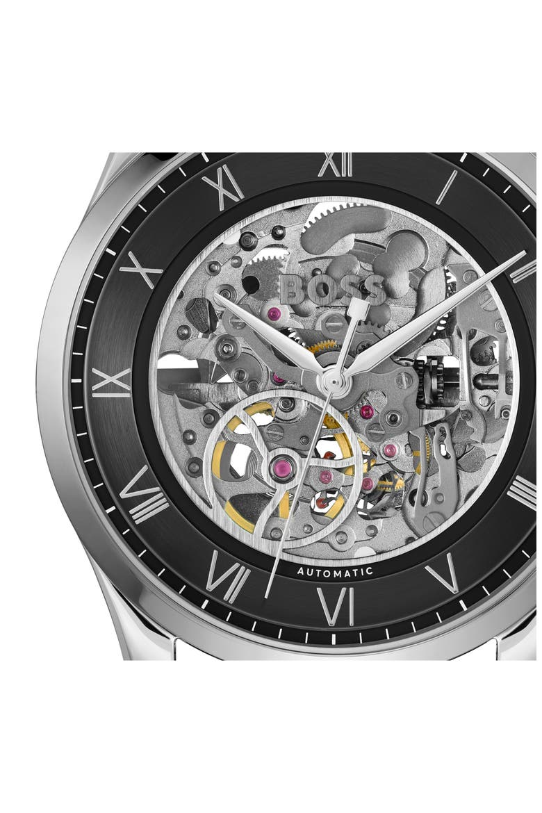 Principle Skeleton Automatic Leather Strap Watch, 41mm, Alternate, color, BLACK