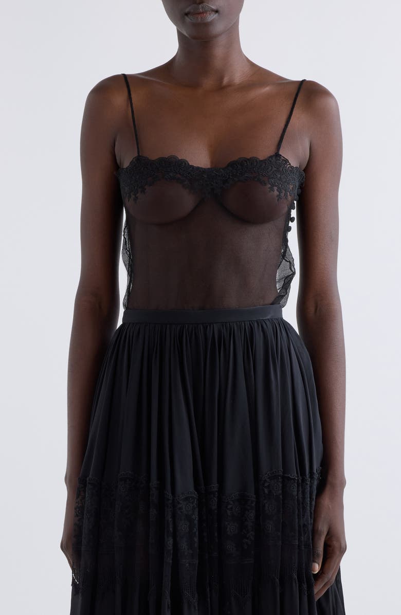 Chloé Lace Trim Sheer Fitted Tank, Main, color, Black
