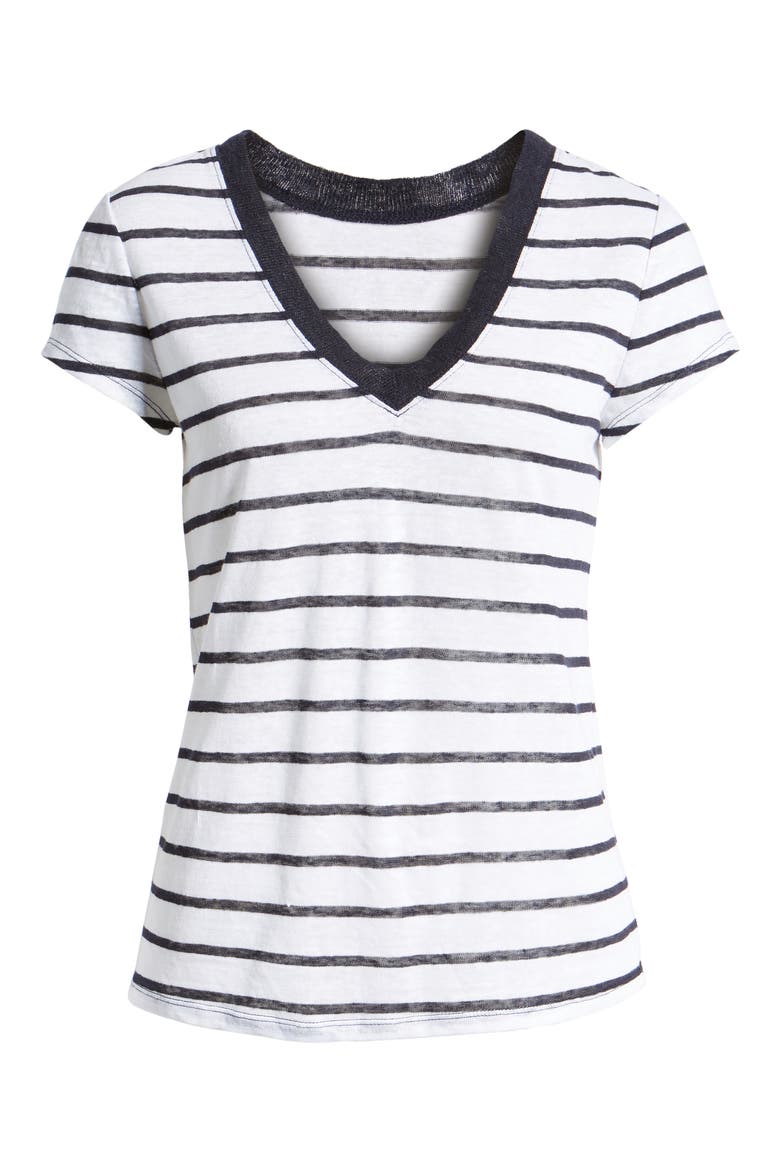 Cap Sleeve V-Neck Linen Tee, Alternate, color, NAVY ECLIPSE STRIPE