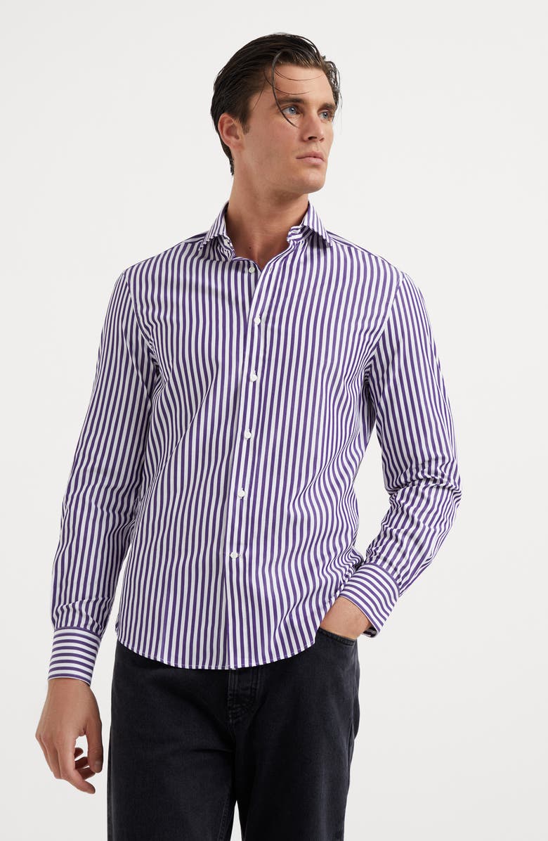 Brunello Cucinelli Striped poplin slim fit shirt with spread collar, Alternate, color, 