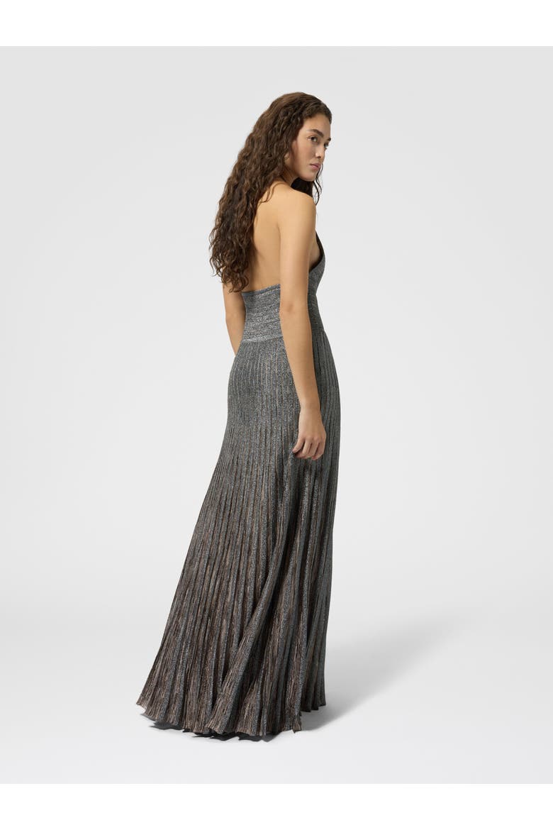 Long Viscose Lamé Dress With Open Back, Alternate, color, Beige