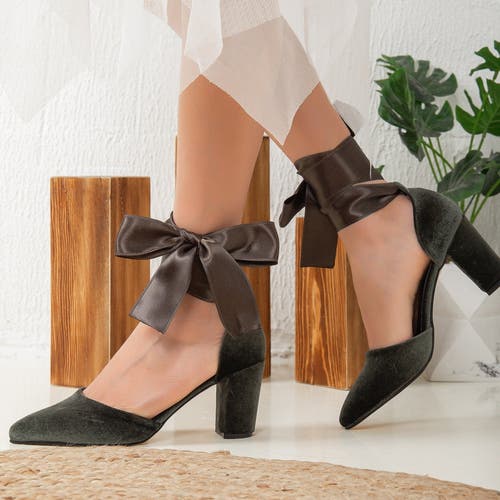 Forever & Always Shoes Gisele High Block Heels With Ribbon In Olive Green Velvet