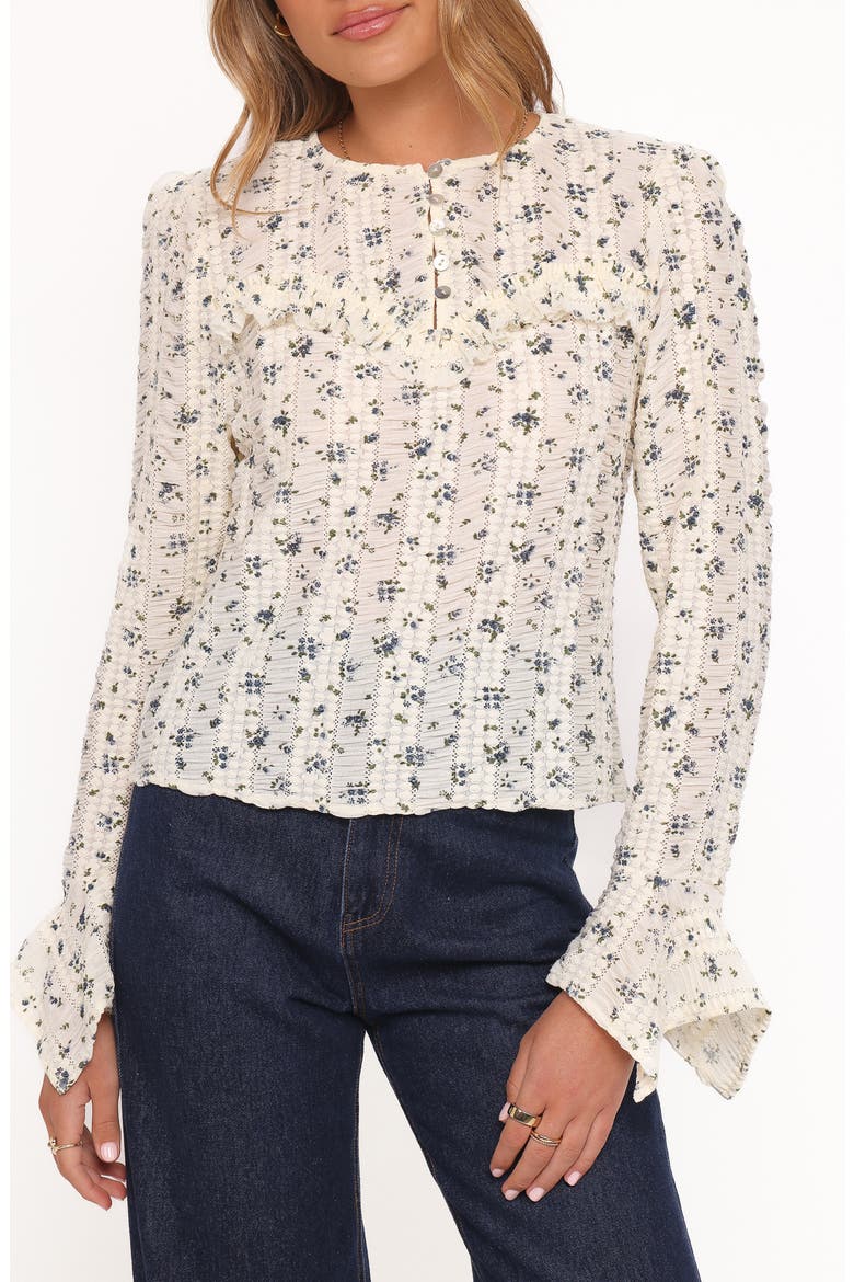 Dria Floral Ruffle Detail Top, Alternate, color, CREAM BLUE FLORAL