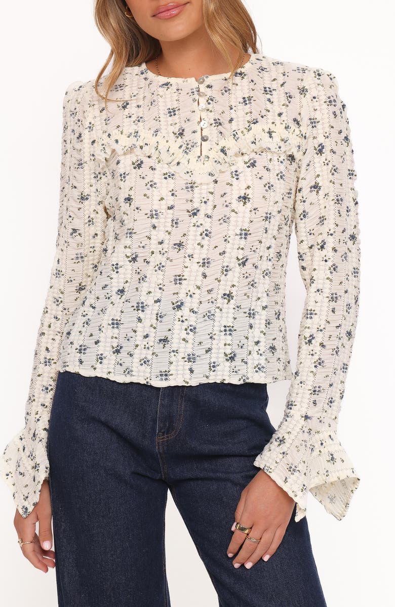 Petal & Pup Dria Floral Ruffle Detail Top, Alternate, color, Cream Blue Floral