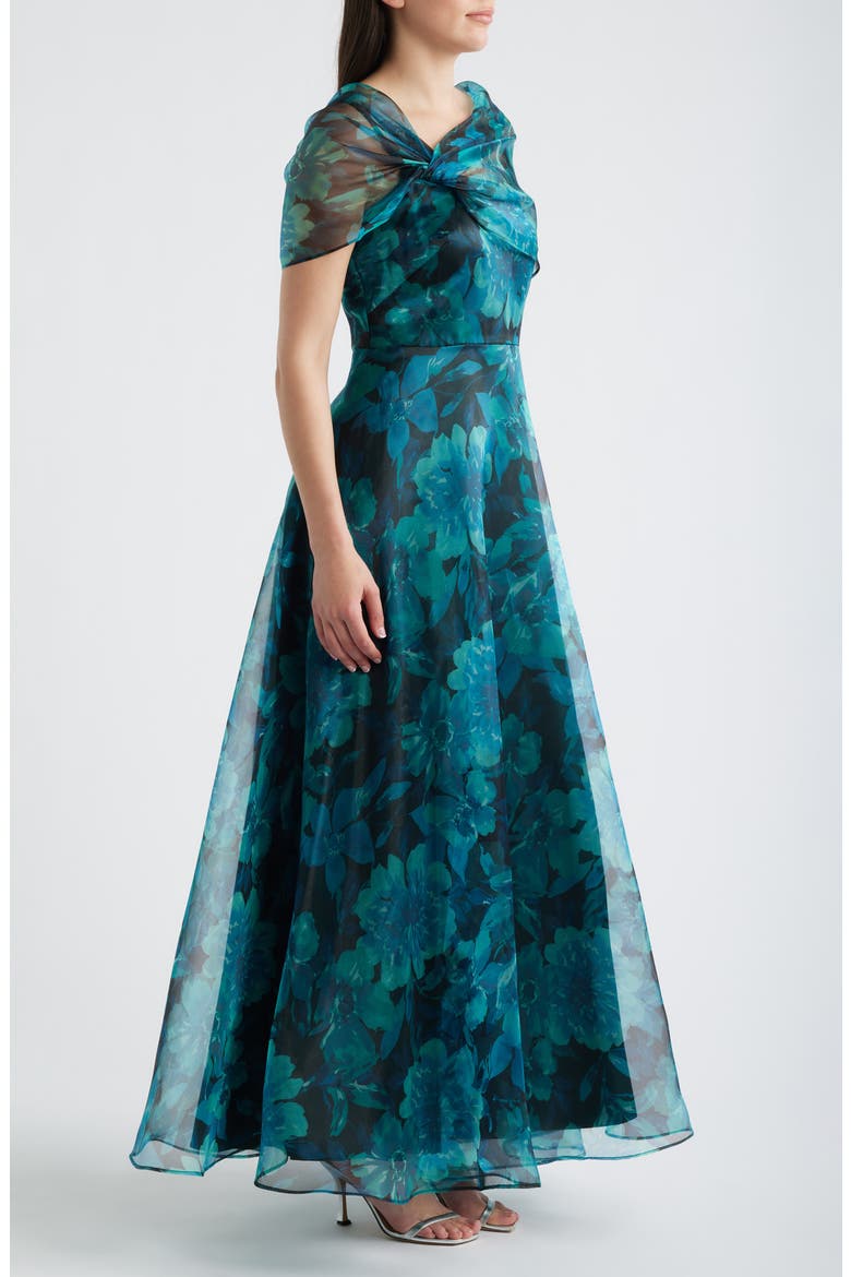 Floral Shoulder Overlay Ballgown, Alternate, color, TEAL