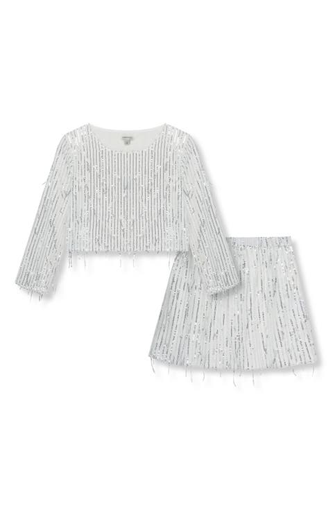 Kids' Fringe Sequin Long Sleeve Top & Skirt Set (Big Kid)
