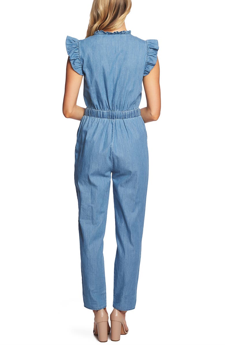 CeCe Ruffle Trim Chambray Jumpsuit, Alternate, color,